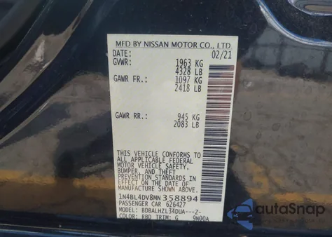 2021 Nissan Altima Sv Fwd from USA, damaged, VIN 1N4BL4DV8MN358894